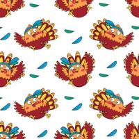 Seamless pattern with funny cartoon turkeys aboriginal indians in headbands with feathers vector