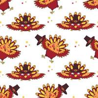 Seamless pattern with funny cartoon turkeys in a pilgrim hat fly and dance vector