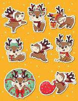 Bundle of cute new year deer stickers  in different poses with holly, santa hat, xmas wreath and gifts in doodle cartoon style vector