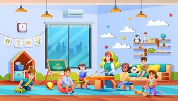 Preschool kids cartoon. Kindergarten room with teacher and student illustration vector