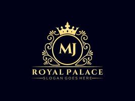 Letter MJ Antique royal luxury victorian logo with ornamental frame. vector