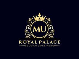 Letter MU Antique royal luxury victorian logo with ornamental frame. vector