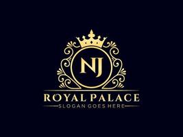 Letter NJ Antique royal luxury victorian logo with ornamental frame. vector