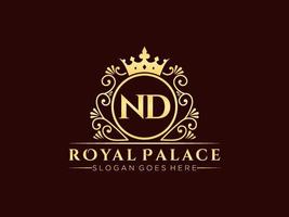 Letter ND Antique royal luxury victorian logo with ornamental frame. vector