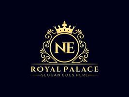 Letter NE Antique royal luxury victorian logo with ornamental frame. vector