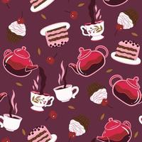 Seamless pattern with tea and desserts. Vector graphics.