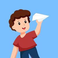 niño pequeño con ilustración de diseño de personaje de avión de papel vector