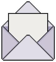 Pixel art open envelope with blank paper, open email vector icon for 8bit game on white background