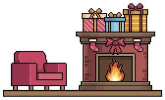 Pixel art fireplace with gifts and armchair vector icon for 8bit game on white background