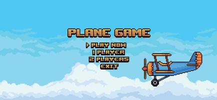 Pixel art plane game home menu blue sky with clouds background vector for 8 bit game