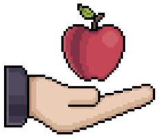 Pixel art hand with apple vector icon for 8bit game on white background