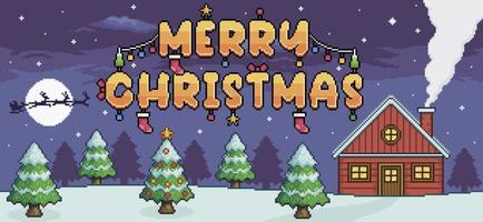 Pixel art christmas landscape, with pine trees, red house, snow and text merry christmas decorated background vector for 8bit game