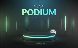 Green neon podium with green fluorescent tube background, Vector illustration