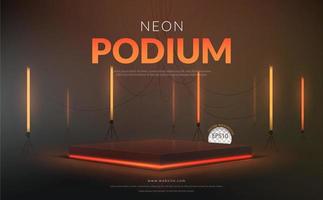 Square podium with orange neon light on black background for product display, Vector illustration