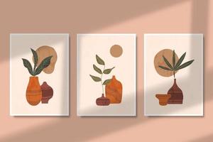 set of print abstract modern botanical boho wall art decoration,vases and leaves poster illustration vector