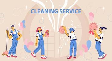 plantilla de banner de sitio web para anuncio de servicio de limpieza, ilustración de vector plano. fondo de la página de inicio para la empresa de limpieza con personajes del personal de trabajo. servicios de limpieza y ayuda domestica.