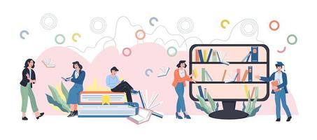 Online library, internet book shop and distance education banner with people among books and bookshelves. Educational courses and schooling computer internet technology. Flat vector illustration.