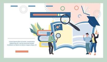 Online learning and elearning banner with tiny people and books. Training courses and home training in computer Internet technologies. Online university and library app. Flat vector illustration.