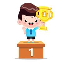 Cute Student Boy Expressing Achievement On Single Podium vector