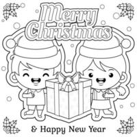 Coloring book for kids. Cute Kids Holding Christmas Gift vector