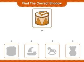 encontrar la sombra correcta. encuentra y combina la sombra correcta del tambor. juego educativo para niños, hoja de cálculo imprimible, ilustración vectorial vector