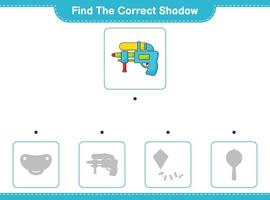 encontrar la sombra correcta. encuentra y combina la sombra correcta de la pistola de agua. juego educativo para niños, hoja de cálculo imprimible, ilustración vectorial vector