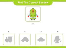 encontrar la sombra correcta. encuentra y combina la sombra correcta del personaje del robot. juego educativo para niños, hoja de cálculo imprimible, ilustración vectorial vector