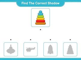 Find the correct shadow. Find and match the correct shadow of Pyramid Toy. Educational children game, printable worksheet, vector illustration