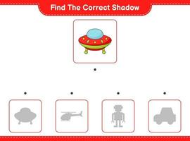 Find the correct shadow. Find and match the correct shadow of Ufo. Educational children game, printable worksheet, vector illustration