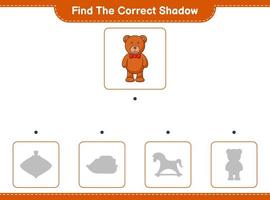 encontrar la sombra correcta. encuentra y combina la sombra correcta del oso de peluche. juego educativo para niños, hoja de cálculo imprimible, ilustración vectorial vector