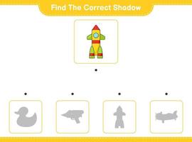 encontrar la sombra correcta. encuentra y combina la sombra correcta del cohete. juego educativo para niños, hoja de cálculo imprimible, ilustración vectorial vector