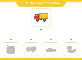 encontrar la sombra correcta. encontrar y hacer coincidir la sombra correcta del camión. juego educativo para niños, hoja de cálculo imprimible, ilustración vectorial vector