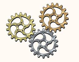 Gold, brass, copper, steel gears in retro style. Good for decoration in steampunk style. Vector. vector