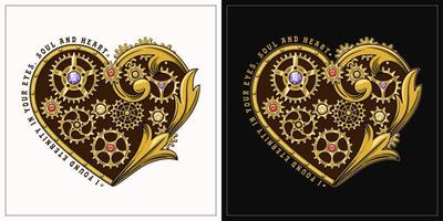 conjunto de corazones decorados con engranajes dorados, piedras preciosas rojas, violetas, amarillas y elementos victorianos en estilo steampunk. inscripción de tema de amor. sobre fondo oscuro y claro. vector