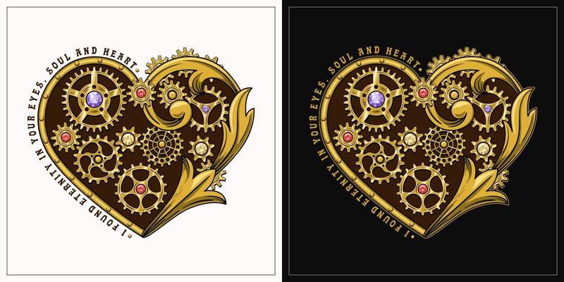 Set of hearts decorated with golden gears, red, violet, yellow gemstones and victorian elements in steampunk style. Love theme inscription. On dark and light background.