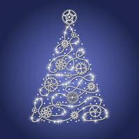 Silver christmas tree made of silver wire with silver gears, sparkles, little scattered stars on a blue background in steampunk style. vector