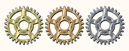 Gold, brass, copper, steel gears in retro style. Good for decoration in steampunk style. Vector. vector