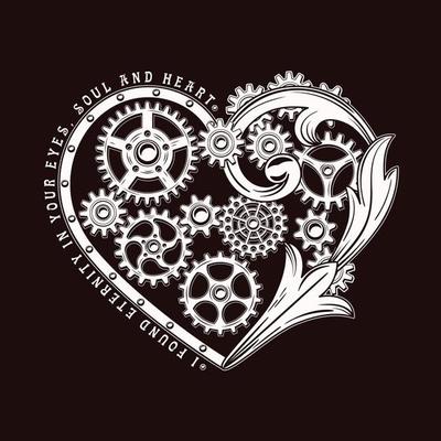 Heart decorated with gears, rivets and victorian elements in steampunk style. Love theme inscription. White emblem on dark background.