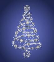 Christmas tree made of silver wire with gears, sparkles, little scattered stars on a blue background. Steampunk style. Delicate spiral shape of tree. Vector