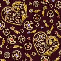 Seamless pattern with heart, golden gears, red, violet, yellow gemstones, victorian elements in steampunk style. Dark red background. vector