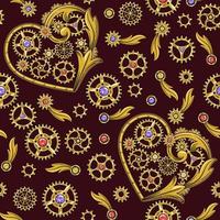 Seamless pattern with heart, golden gears, red, violet, yellow gemstones, victorian elements in steampunk style. Dark red background. vector