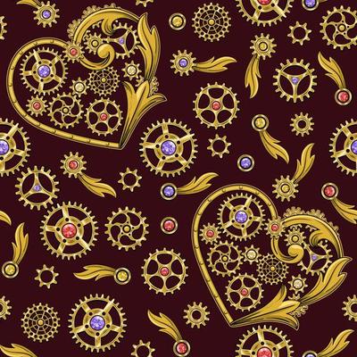 Seamless pattern with heart, golden gears, red, violet, yellow gemstones, victorian elements in steampunk style. Dark red background.