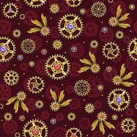 Seamless pattern with golden gears, red, violet, yellow gemstones, victorian elements in steampunk style. Dark red background. vector