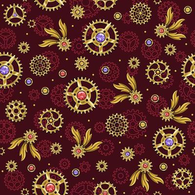 Seamless pattern with golden gears, red, violet, yellow gemstones, victorian elements in steampunk style. Dark red background.