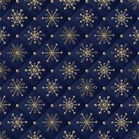 Seamless geometric pattern with small 6 side snowflakes, rhombuses made of jewelry gold, silver chains and shiny ball beads. Square blue geometric grid on background