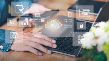 Businessman migrates file system, network and internet, storage and data transfer with cloud technology. , connection and exchange of data documents, document management and folder privacy photo