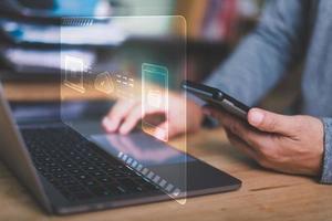 Businessman migrates file system, network and internet, storage and data transfer with cloud technology. , connection and exchange of data documents, document management and folder privacy photo