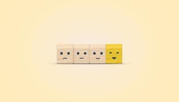 Customer service evaluation and satisfaction survey concepts, evaluation, Increase rating. Happy face smile face icon on wooden cube on yellow background. 3D illustration. photo