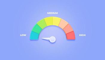 Risk Management, Arrow point scale speed low status green speedometer icon Performance, pointer rating risk levels, meter, tachometer on purple background. photo