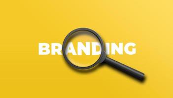 Branding word lettering typography with magnifying glass zooming the word branding on yellow background. 3D illustration. photo